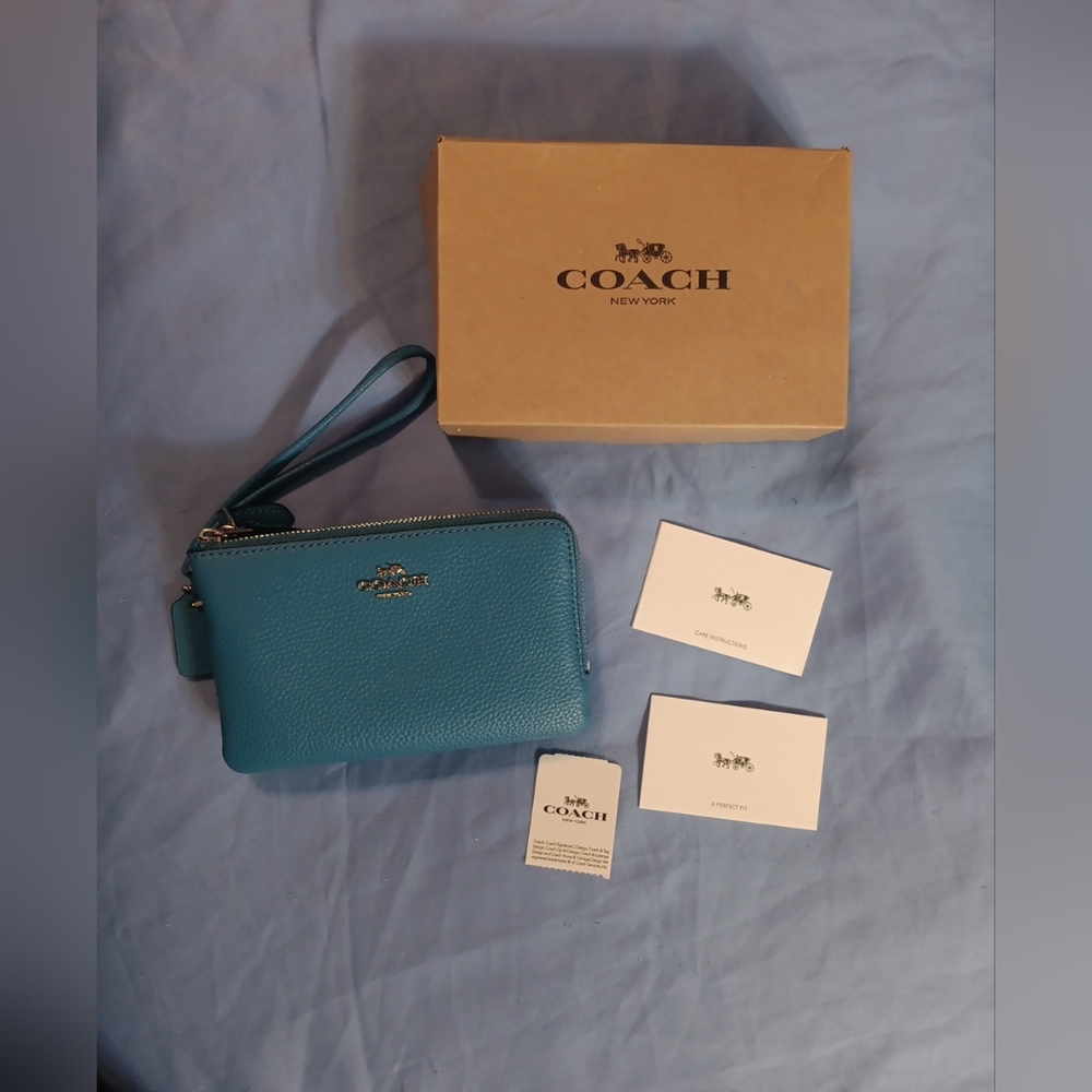 Coach Pebbled Leather Wristlet in Teal